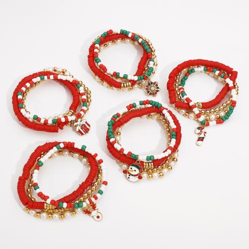 Christmas Holiday Bracelet Polymer Clay with Seedbead & Copper Coated Plastic & Plastic Pearl & Zinc Alloy handmade 4 pieces & Christmas Design & Unisex mixed colors Sold By Set