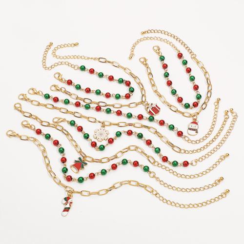 Christmas Holiday Bracelet Plastic Pearl with iron chain & Zinc Alloy plated 2 pieces & Christmas Design & enamel mixed colors Sold By Set