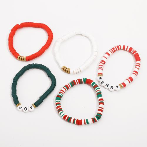 Bracelet de vacances de Noël, argile de polymère, avec plastique revêtu de cuivre & plastique, fait à la main, 5 pièces & Conception de Noël & pour femme, couleurs mélangées, Vendu par fixé