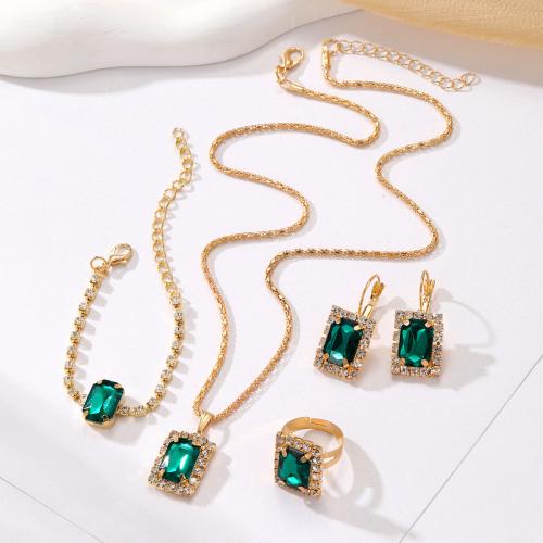 Zinc Alloy Jewelry Sets finger ring & bracelet & earring & necklace plated 4 pieces & for woman & with rhinestone Sold By Set