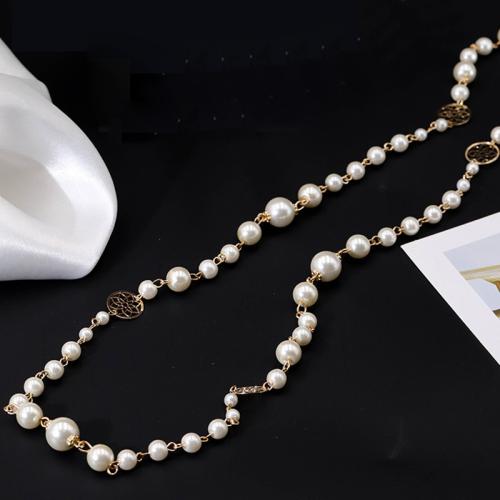 Sinc Alloy geansaí Necklace Slabhra, le Gloine Pearl, plátáilte, do bhean, bán, Fad Thart 80 cm, Díolta De réir PC