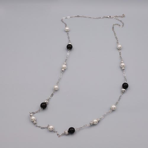 Zinc Alloy Sweater Chain Necklace with Copper Coated Plastic & Plastic Pearl with 5CM extender chain plated for woman silver color Length Approx 93 cm Sold By PC