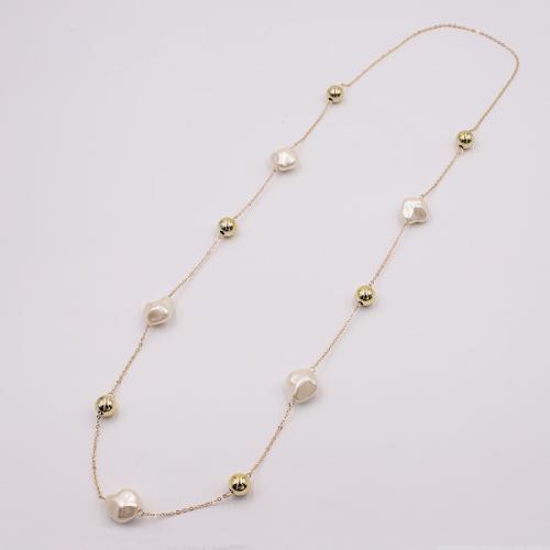 Sinc Alloy geansaí Necklace Slabhra, le Pearl Plaisteacha, plátáilte, do bhean, óir, Fad Thart 97 cm, Díolta De réir PC