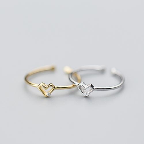 925 Sterling Silver Cuff Finger Ring Heart Korean style & for woman & with rhinestone & hollow US Ring .5-5.5 Sold By PC