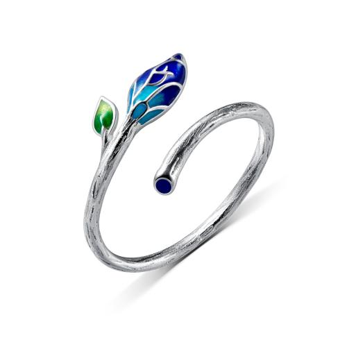 925 Sterling Silver Cuff Finger Ring Leaf Korean style & for woman & enamel US Ring .5-8 Sold By PC