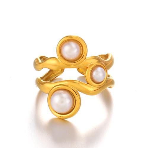 Vinger Ring in edelstaal, 304 roestvrij staal, met Plastic Pearl, mode sieraden & voor vrouw, gouden, Verkocht door PC