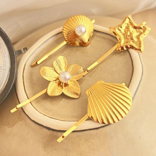 Hair Slide 304 Stainless Steel with Plastic Pearl Vacuum Ion Plating fashion jewelry & for woman golden Sold By PC