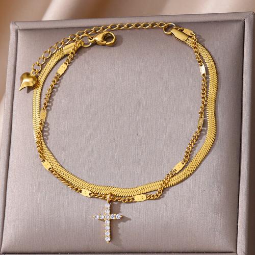 Roestvrijstalen Anklet, 304 roestvrij staal, Dubbele laag & verschillende stijlen voor de keuze & voor vrouw & met strass, gouden, Lengte Ca 17 cm, Verkocht door PC