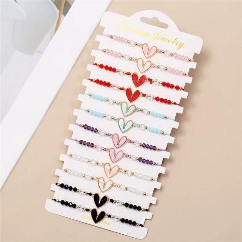 Pulseras de Cristal, Polipropileno Nylon, con Cristal & aleación de zinc, Corazón, hecho a mano, 12 piezas & Ajustable & Joyería & para mujer, color mixto, longitud aproximado 18-26 cm, Vendido por Set