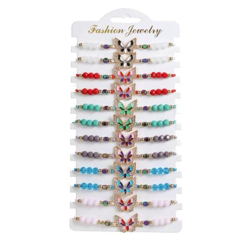 Kristal armbanden, Nylon Polypropyleen, met Kristal & Zinc Alloy, Vlinder, handgemaakt, 12 stuks & Verstelbare & mode sieraden & glazuur & met strass, gemengde kleuren, Lengte Ca 16-26 cm, Verkocht door Stel