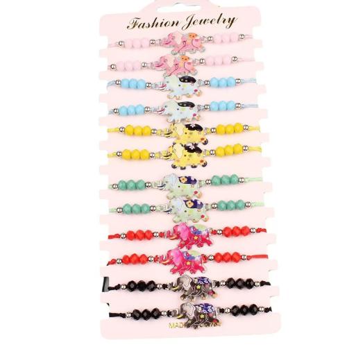 Pulseras de Cristal, Polipropileno Nylon, con Cristal & aleación de zinc, Elefante, hecho a mano, 12 piezas & Ajustable & Joyería & unisexo & esmalte, color mixto, longitud aproximado 18-26 cm, Vendido por Set