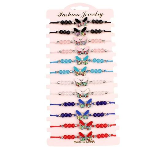 Kristal armbanden, Nylon Polypropyleen, met Seedbead & Kristal & Zinc Alloy, Vlinder, handgemaakt, 12 stuks & Verstelbare & mode sieraden & voor vrouw & glazuur, gemengde kleuren, Lengte Ca 18-26 cm, Verkocht door Stel