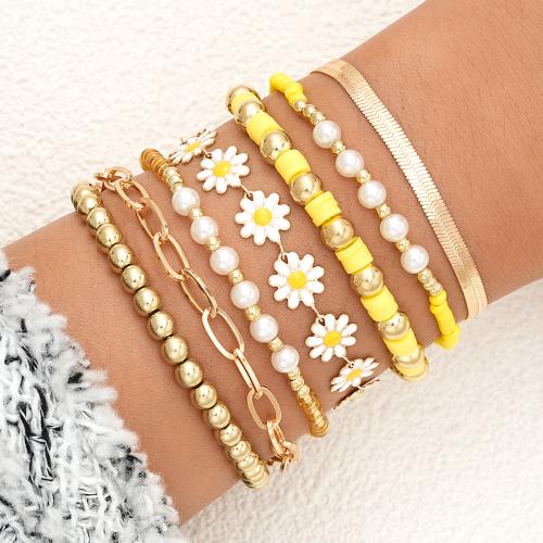 Zinc Alloy Bracelet with Plastic Pearl gold color plated fashion jewelry & enamel golden nickel lead & cadmium free Sold By Set