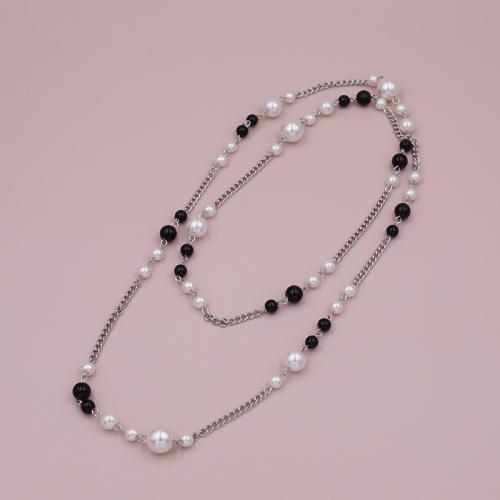 Zinc Alloy Sweater Chain Necklace with Glass Pearl plated for woman silver color Length Approx 95 cm Sold By PC