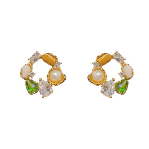 Cubic Zirconia Micro Pave Brass Earring with Gemstone & Plastic Pearl real gold plated micro pave cubic zirconia & for woman gold Sold By Pair