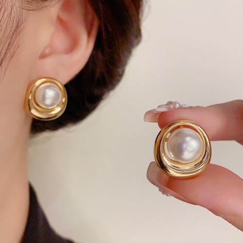 Brass Stud Earring with Plastic Pearl real gold plated for woman gold Sold By Pair