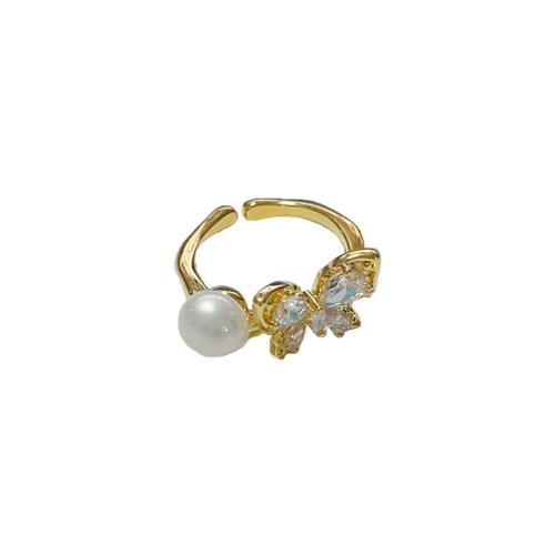 Cubic Zirconia Micro Pave Brass Ring with Plastic Pearl Butterfly real gold plated micro pave cubic zirconia & for woman Sold By PC