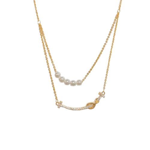 Cubic Zircon Micro Pave Brass Necklace with Plastic Pearl with 5CM extender chain real gold plated micro pave cubic zirconia & for woman Length Approx 40 cm Sold By PC