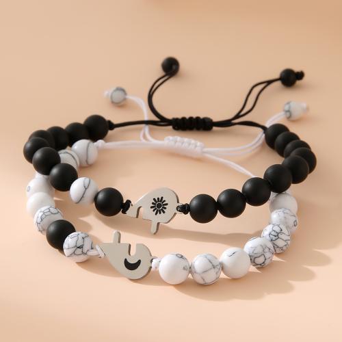 Couple Bracelet and Bangle 304 Stainless Steel with Howlite & Abrazine Stone & Nylon 2 pieces & Unisex white and black Sold By Set