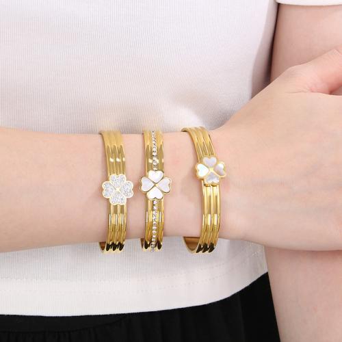 Stainless Steel Bangle 304 Stainless Steel with Shell Four Leaf Clover Vacuum Ion Plating & for woman & with rhinestone Sold By PC