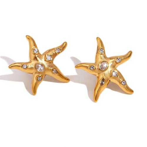 Roestvrij staal Stud Earrings, 304 roestvrij staal, Zeester, 18K verguld, mode sieraden & voor vrouw & met strass, gouden, 28.50mm, Verkocht door pair