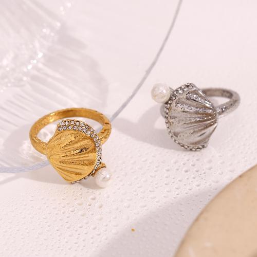 Rhinestone Stainless Steel Finger Ring 304 Stainless Steel with Plastic Pearl Shell & for woman & with rhinestone Sold By PC