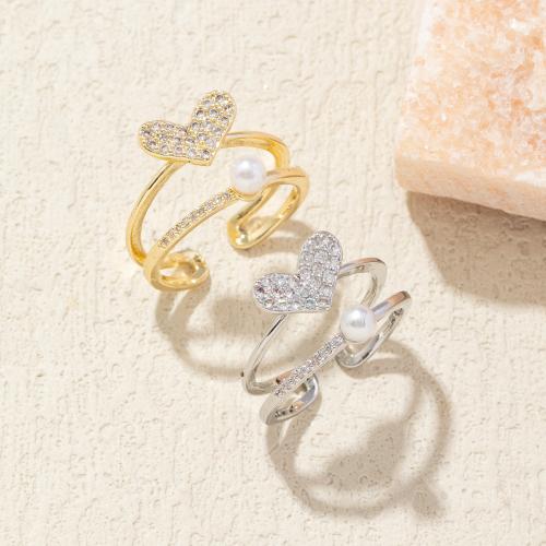 Brass Finger Ring with Plastic Pearl Heart fashion jewelry & for woman & with rhinestone Sold By PC