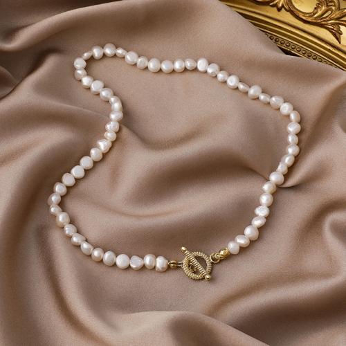 Freshwater Pearl Brass Chain Necklace, Pérolas de água doce, with cobre, joias de moda, branco, comprimento 38 cm, vendido por PC