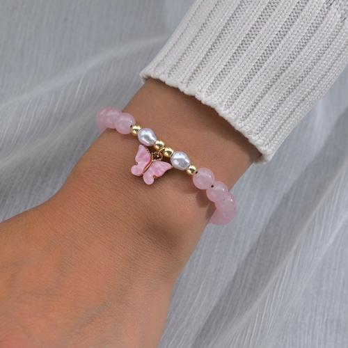 Glasperlen Armband, mit Wachsschnur & Acryl, Modeschmuck, Rosa, verkauft von PC