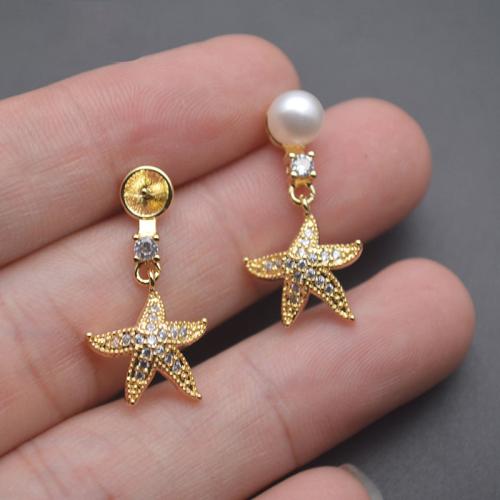 Brass Earring Stud Component Starfish plated DIY & micro pave cubic zirconia gold Sold By PC