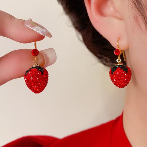 Cubic Zirconia Micro Pave Brass Earring Strawberry real gold plated micro pave cubic zirconia & for woman red Sold By Pair