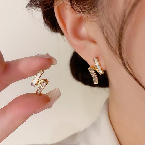 Cubic Zirconia Micro Pave Brass Earring with Shell real gold plated micro pave cubic zirconia & for woman gold Sold By Pair