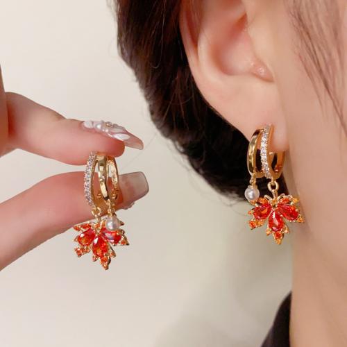 Cubic Zirconia Micro Pave Brass Earring Maple Leaf real gold plated micro pave cubic zirconia & for woman red Sold By Pair