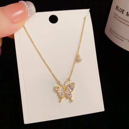 Cubic Zircon Micro Pave Brass Necklace with 5CM extender chain Butterfly real gold plated micro pave cubic zirconia & for woman gold Length Approx 40 cm Sold By PC