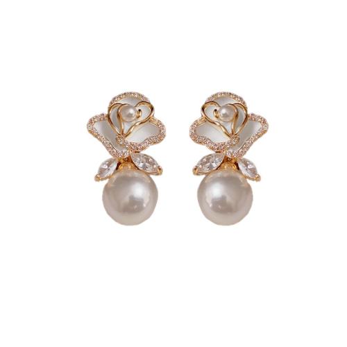 Boucles d'oreilles en laiton zircon cubique pavent, avec perle de plastique, Plaqué d'or, vernis d'étuvage & pavé de micro zircon & pour femme, plus de couleurs à choisir, 24x14mm, Vendu par paire