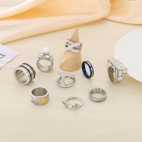 Rhinestone Stainless Steel Finger Ring 304 Stainless Steel with Plastic Pearl Vacuum Ion Plating  & for woman & with rhinestone Sold By PC