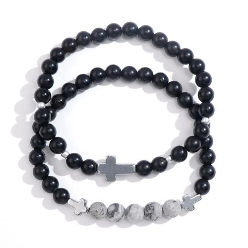 Pulseiras de pedras preciosas, misto de pedras semi-preciosas, Cruz, 2 peças & joias de moda & para o homem, preto, comprimento Aprox 18.5 cm, vendido por Defina