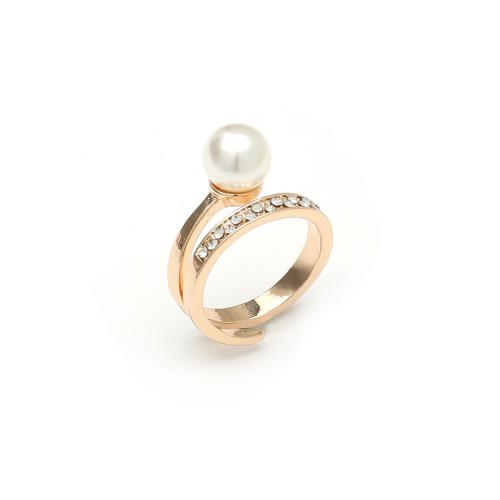 Zinc Alloy Finger Ring with Plastic Pearl gold color plated fashion jewelry & with rhinestone golden nickel lead & cadmium free US Ring Sold By PC