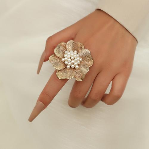 Zinc Alloy Finger Ring with Plastic Pearl Flower gold color plated fashion jewelry golden nickel lead & cadmium free Sold By PC