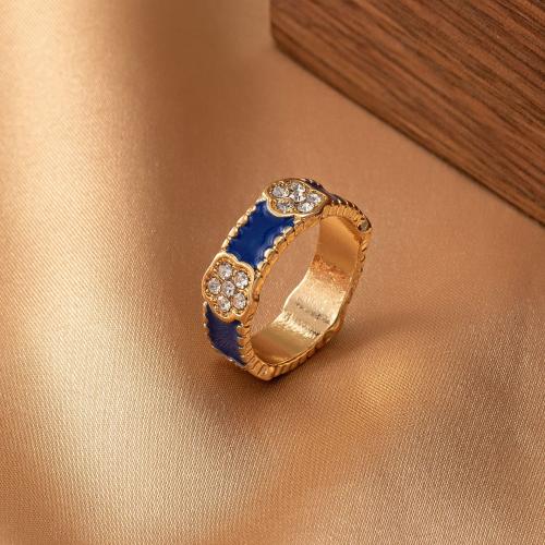 Zinc Alloy Finger Ring with Glass Rhinestone plated for woman & enamel blue Sold By PC