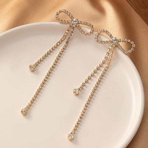 Zinc Alloy Stud Earring with Glass Rhinestone Bowknot plated for woman gold Sold By Pair