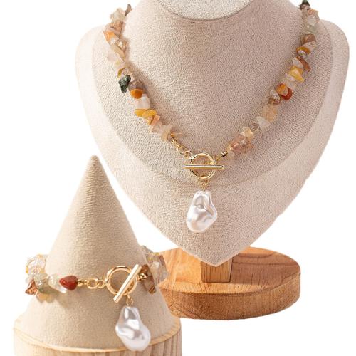 Zinc Alloy Jewelry Sets bracelet & necklace with turquoise & Plastic Pearl plated for woman multi-colored Sold By Set