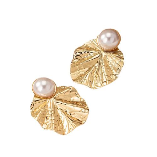 Zinklegering oorknoppen, Zinc Alloy, met Plastic Pearl, plated, voor vrouw, goud, Verkocht door pair