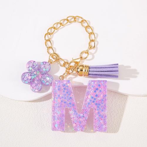 Bag Purse Charms Keyrings Keychains Zinc Alloy with Sequins & Resin epoxy gel letters are from A to Z & multifunctional golden Sold By PC