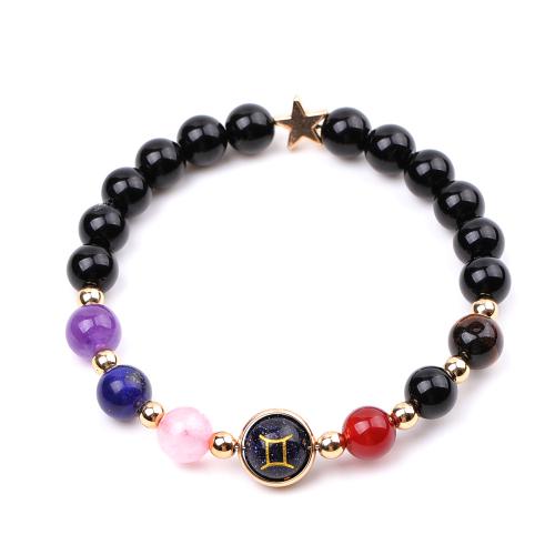 Black Stone Bracelet with Lapis Lazuli & Blue Goldstone & Tiger Eye & Agate & Zinc Alloy 12 Signs of the Zodiac handmade Unisex Length Approx 7.3-7.5 Inch Sold By Set