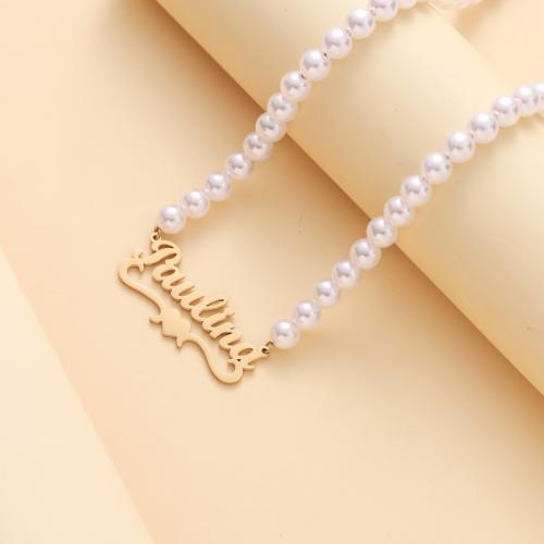 Stainless Steel Jewelry Necklace 304 Stainless Steel with Plastic Pearl with 5cm extender chain Each custom text must be less than 10 letters & fashion jewelry & for woman golden Length Approx 40 cm Sold By PC