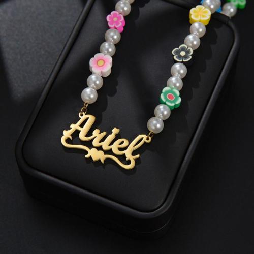 Personalized necklace 304 Stainless Steel with Plastic Pearl with 5cm extender chain Each custom text must be less than 10 letters & fashion jewelry & for woman golden Length Approx 40 cm Sold By PC