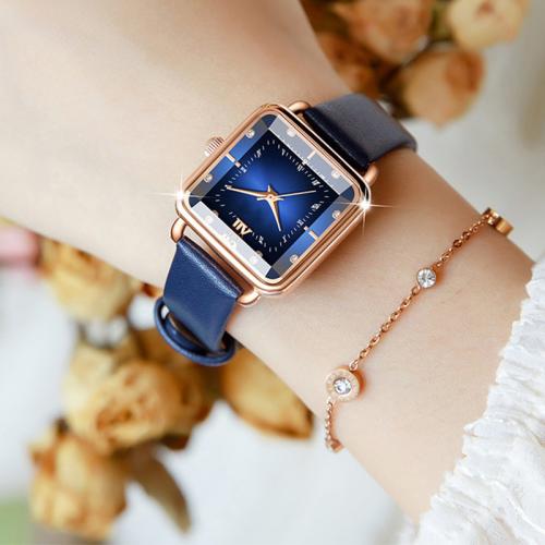 Zinc Alloy Watch Bracelet with Leather & Glass & 304 Stainless Steel Square Life water resistant & Chinese movement & for woman & with rhinestone Length Approx 18 cm Sold By PC