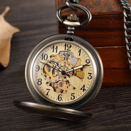 Zinc Alloy Pocket Watch, met Glas, Ronde, plated, Vintage & uniseks & stam-winder & verschillende stijlen voor de keuze, watchcase size 45mm, Lengte Ca 37.5 cm, Verkocht door PC