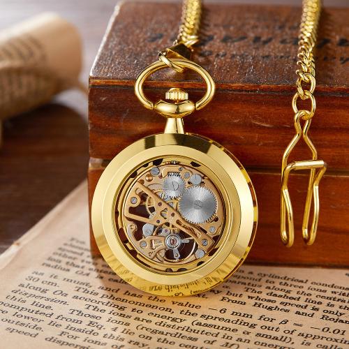 Zinc Alloy Pocket Watch, met Glas, Ronde, plated, Vintage & uniseks & stam-winder & hol, meer kleuren voor de keuze, watchcase size 45mm, Lengte Ca 37.5 cm, Verkocht door PC